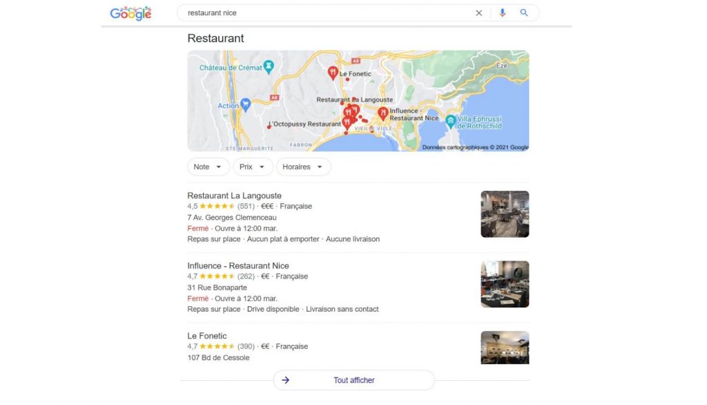 Local pack de Google : requete restaurant nice