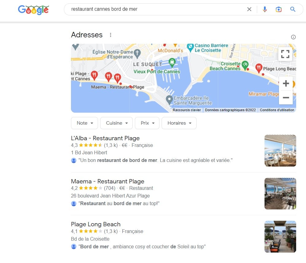 Exemple de requête locale et d'affichage du local pack de Google