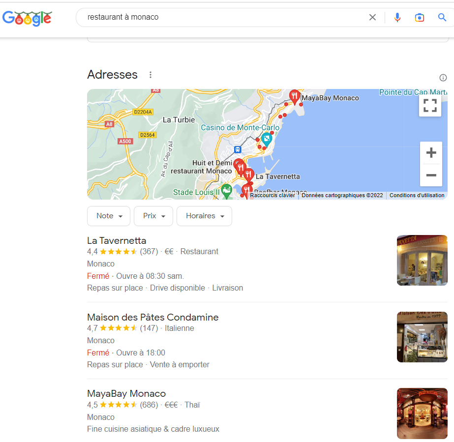 Exemple de local pack de Google pour requête restaurant à Monaco