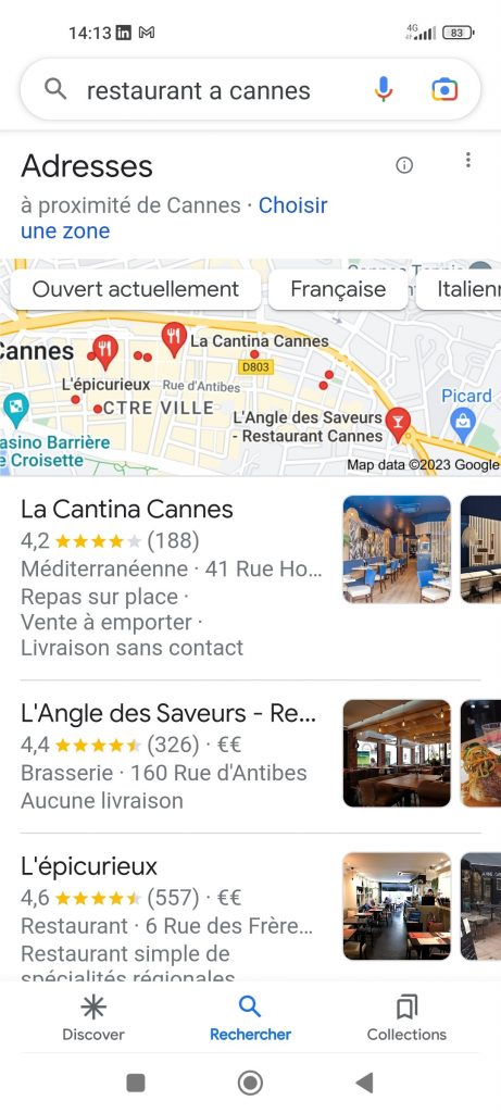 Affichage du local pack pour la requête locale sur mobile "restaurant à Cannes"