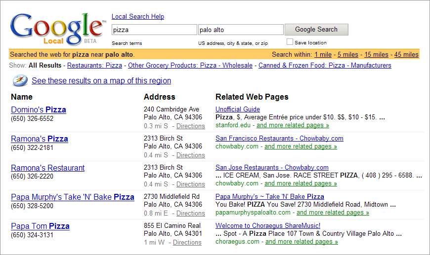 Affichage de Google Local en 2004