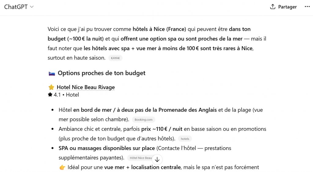 recommandations chat GPT pour le prompt "trouve moi un hotel a nice avec spa avec vue mer a moins de 100 euros la nuit"