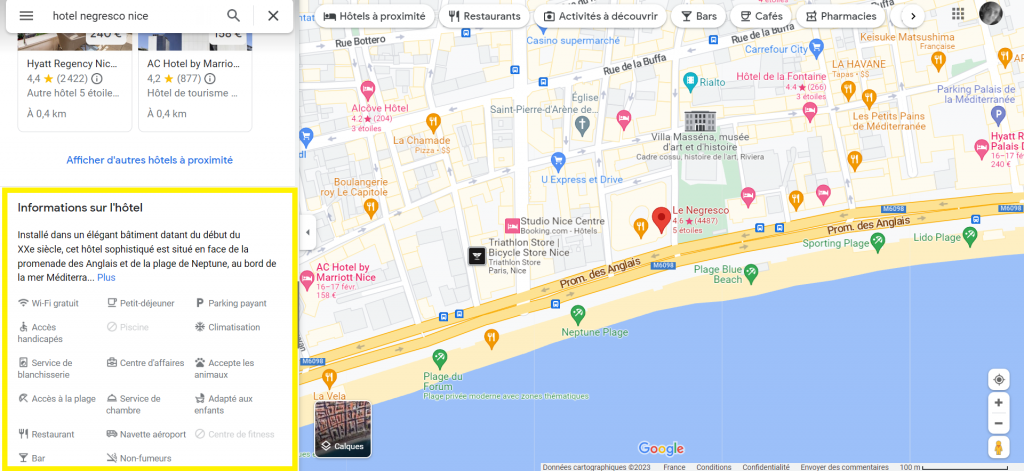 Exemple d'affichage d'attributs d'un hôtel  à Nice sur Google Maps