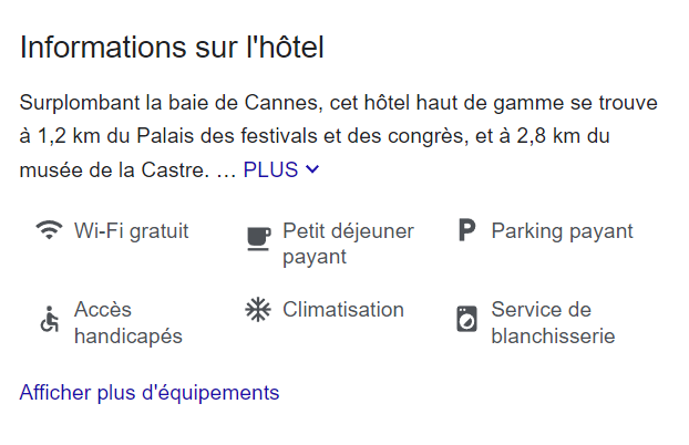 Exemple d'attributs fiche Google my Business d'un hôtel