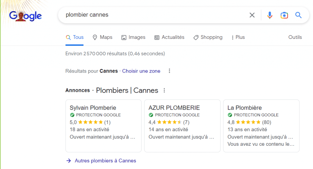Exemple de publicité locale pour un plombier à Cannes avec Google Ads