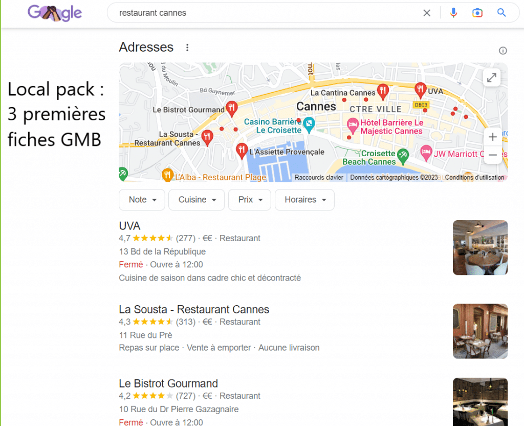 Exemple d'affichage du local pack de Google pour la requête locale "restaurant Cannes"
