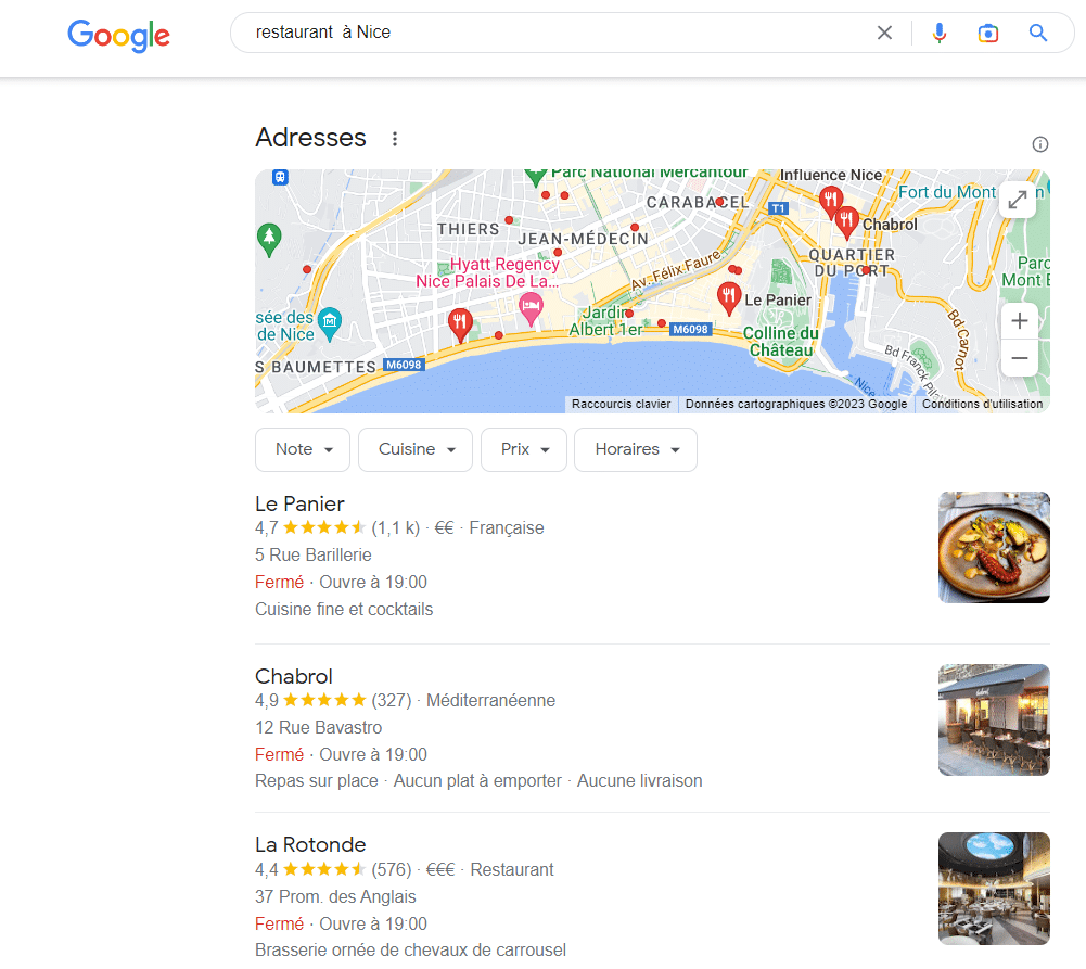 Exemple d'affichage du local pack de Google pour la requête locale "restauant à Nice"