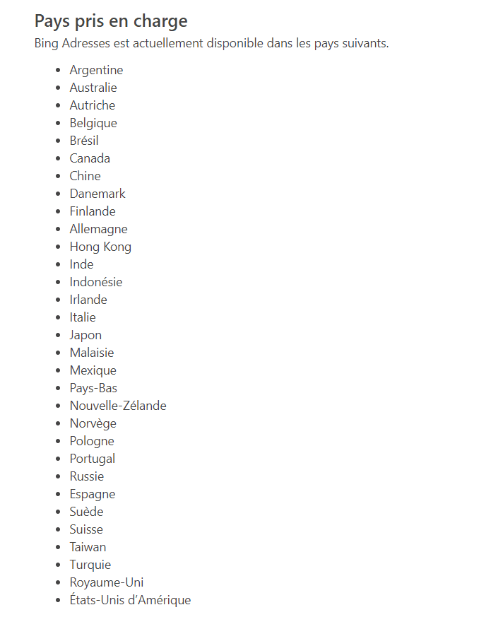 Bing Adresses, liste des pays disponibles