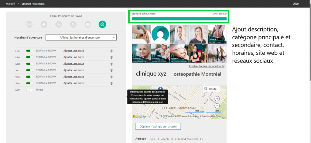 Exemple de fiches Bing Places, avec horaires, plans et photos