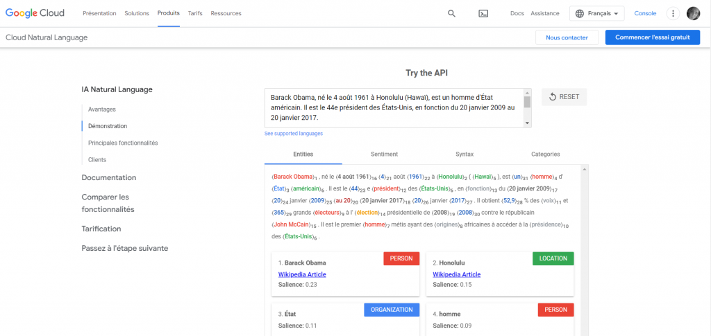 API Google Cloud Natural Language avec détection d'entités