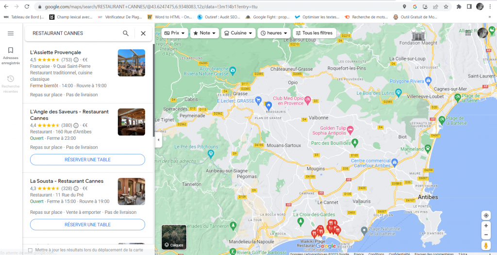 Exemple d'affichage sur Google Maps pour la requête restaurant à Cannes