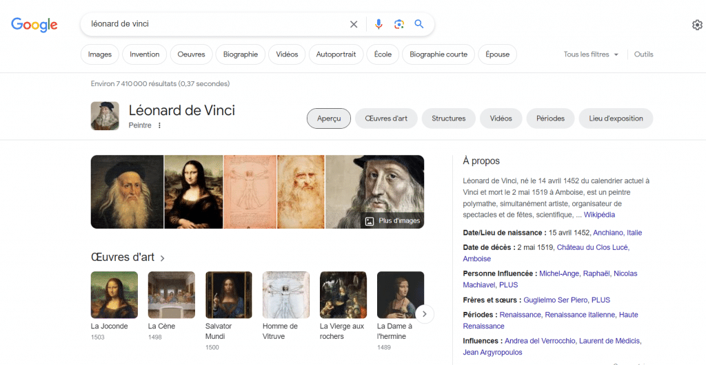Exemple de Knowledge Graph pour la requête "Lénonard de Vinci" sur Google Search