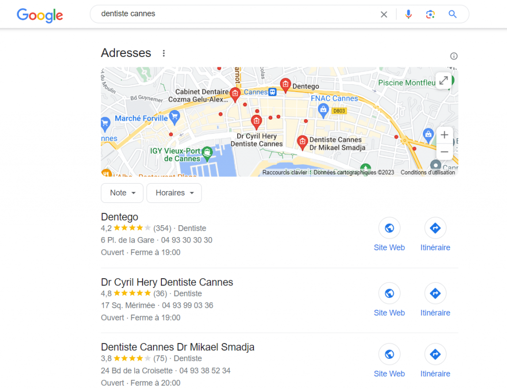 exemple de local pack de Google pour la recherche "dentiste cannes"