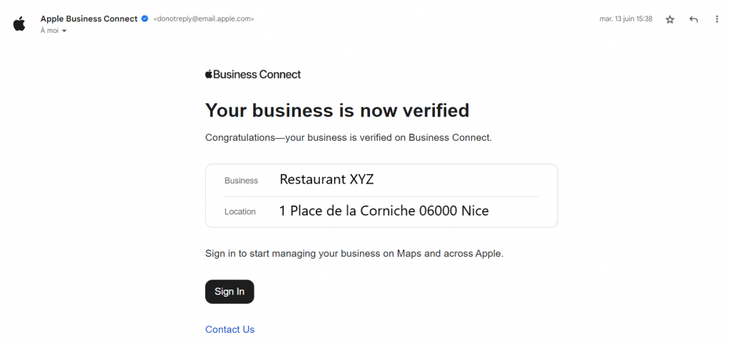 Exemple de validation de fiche Apple pour un restaurant