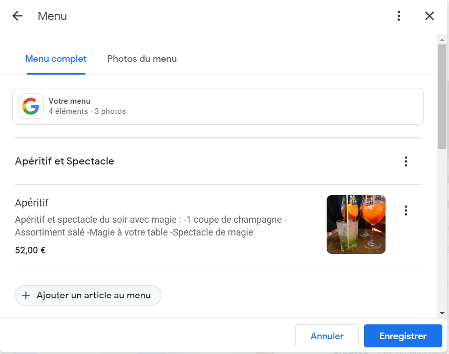 Modifier menu d'une fiche Google Business Profile