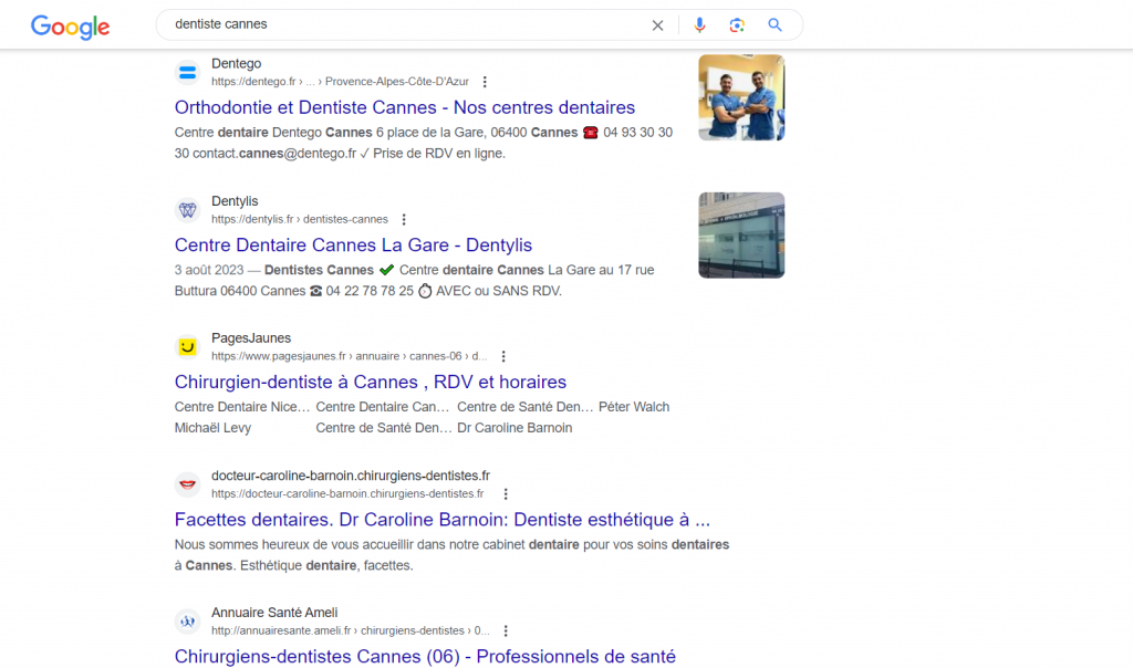 Résultats organiques pour la requête "dentiste à Cannes" sur Google Search