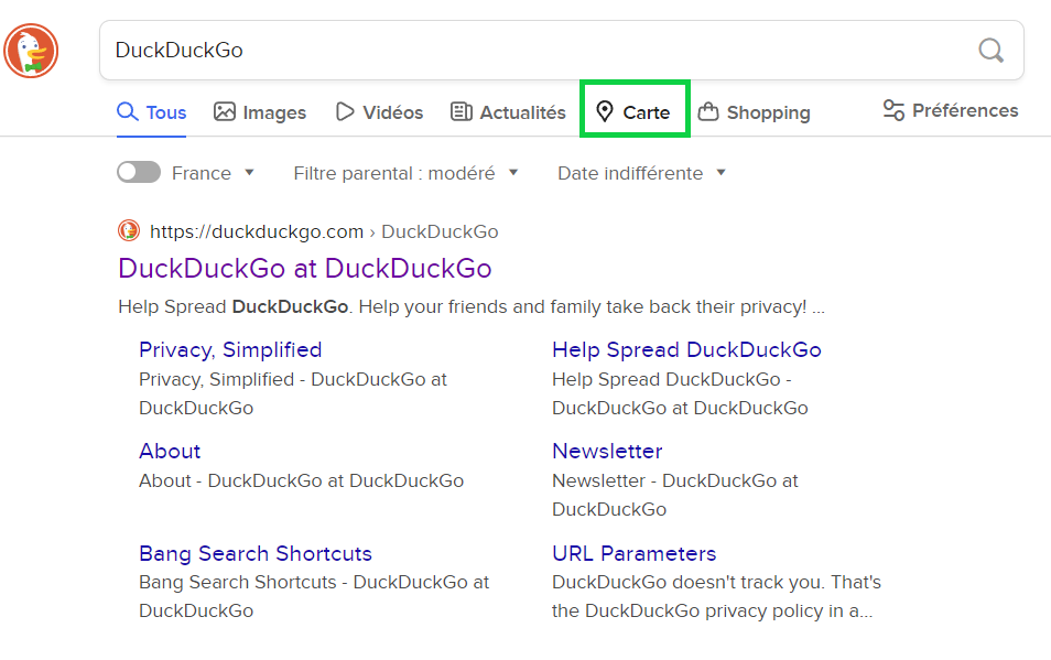 Trouver un établissement Apple maps sur DuckDuckGo