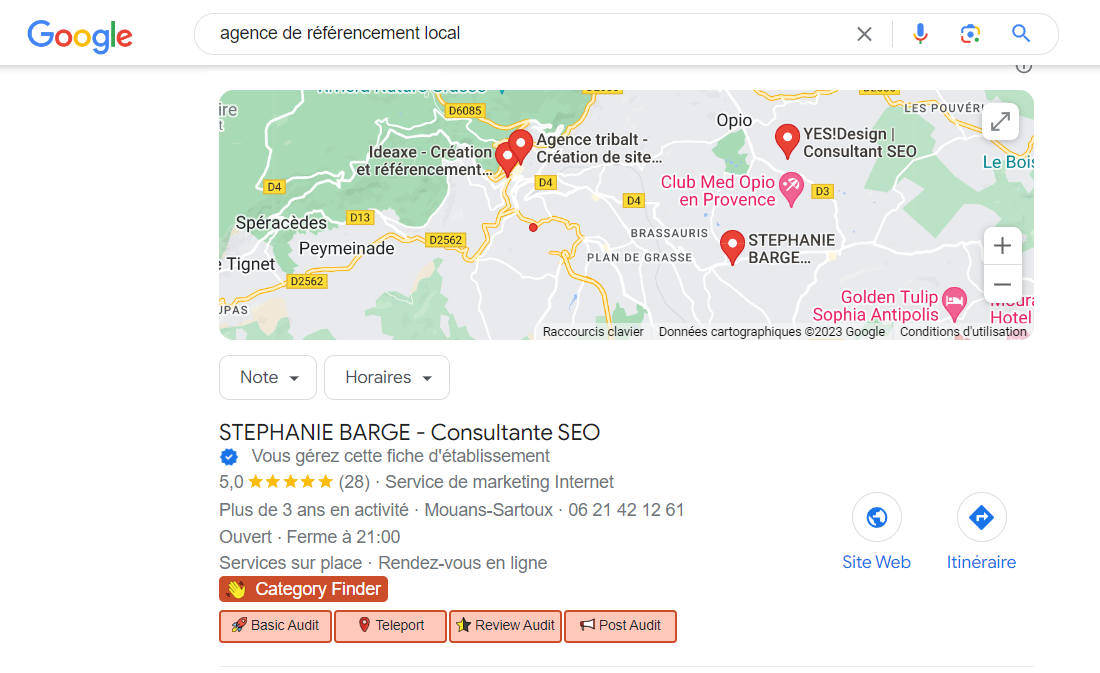 Audit de fiche Google Business Profile dans Local pack de Google avec extension GMBEverywhere